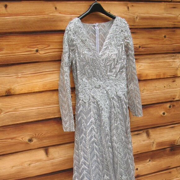 Mac Duggal 20189 Womens Illusion Long Sleeve Wrap Over Gown Dress - Picture 6 of 13